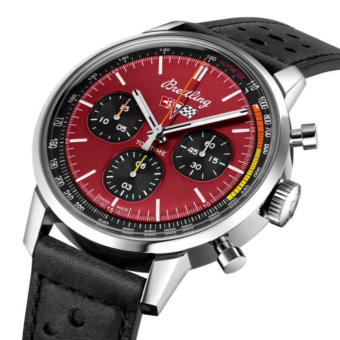 Breitling's unconventional chronograph with a motoring twist.
A distinctive celebration of design and freedom, the Breitling Top Time Classic Cars Squad pays homage to classic sports cars from the 1960s with a trio of racing chronographs. Drawing inspiration from the Chevrolet Corvette, Ford Mustang and Shelby Cobra, the timepieces are a nod to the original 1960s Breitling Top Time models, which were designed for “young and active professionals”. Today’s modern-retro interpretations are perhaps even more youthful and free-spirited.
The second-generation Chevrolet Corvette, distributed from 1963 to 1967, is the most sought-after version of this American legend. The “Sting Ray” took inspiration from a 1959 racing-focused prototype. Thanks to its slinky low-profile body, it looks stunning to this day. And with its performance both on the road and on the track, it has always haunted the dreams and sparked the imaginations of aficionados around the world.
Featuring a 42-millimetre stainless-steel case matched to a black racing-themed calfskin leather strap, the Top Time Chevrolet Corvette features orange and yellow details on its red dial and the Chevrolet Corvette logo both on the dial and the caseback. The Top Time Chevrolet Corvette is powered by the Breitling Caliber 25, a COSC-certified chronometer precise up to 1/8th of a second.