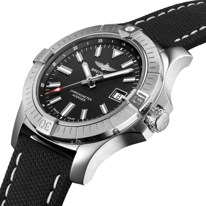Bold, extremely robust and shock resistant, the Avenger Automatic 43 features a clean dial offering optimal legibility. As a true Breitling Avenger, it can be used wearing gloves and offers unrivalled safety and reliability to any airborne adventurer. The Avenger Automatic 43 features a sturdy 43mm stainless-steel case, colorful dial and a choice of a stainless-steel bracelet, or matching military leather strap that fits either a stainless-steel pin buckle or folding clasp. Thanks to its rugged bezel and its special grip-pattern on the crown, the Avenger Automatic 43 can be easily operated wearing gloves.