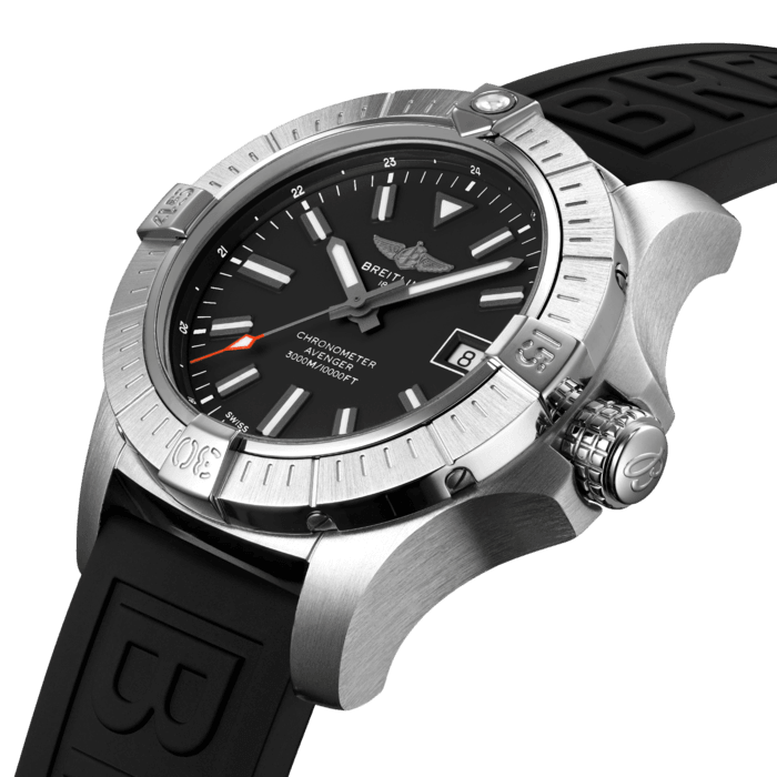Bold, extremely robust and shock resistant, the Avenger Automatic 45 Seawolf is a pilots’ watch prepared for adventures well below the ocean’s surface (up to 300 bars - 3.000m). As a true Breitling Avenger, it can be used wearing gloves and offers unrivalled safety and reliability to any airborne adventurer. The Avenger Automatic 45 Seawolf features a sturdy 45mm stainless-steel case, black dial and a choice of a stainless-steel bracelet or black rubber strap that fits a stainless-steel folding clasp. With an impressive water resistance, the Seawolf is at ease up in the air and deep down the oceans. Thanks to its rugged bezel and its special grip-pattern on the crown, the Avenger Automatic 45 Seawolf can be easily operated wearing gloves. This edition is only available in the UK and limited to 350 pieces.