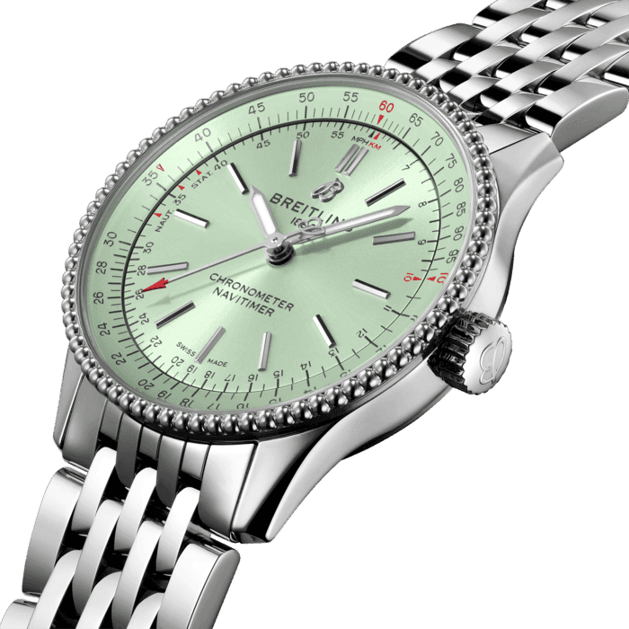 Refined and elegant, the Navitimer Automatic 35 combines the historic appeal of a true icon with the sophistication of a contemporary timepiece.
Available in a variety of materials including stainless steel and 18k red gold, the 35 mm case features a beaded bezel and a range of elegant dial colors, as well as diamond-set white mother of pearl. Offered either with a matching bracelet or alligator strap that fits both a stainless steel pin or folding buckle, the Navitimer Automatic 35 is powered by the Breitling Caliber 17, a COSC-certified chronometer.