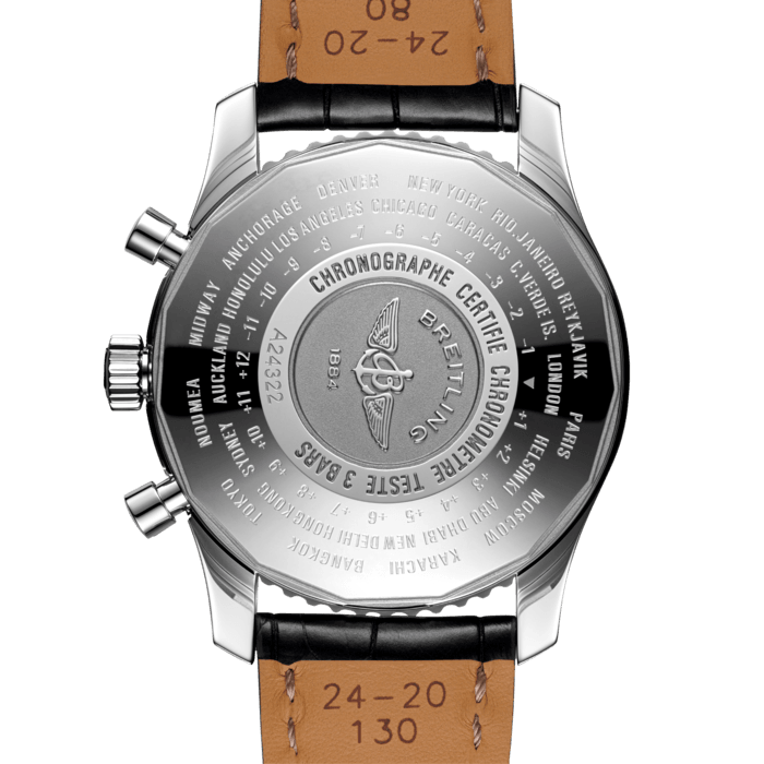 Ever ready for takeoff, the Navitimer World travel watch features an extremely practical and easily readable dual timezone system. A red-tipped additional central hand displays the time in another part of the globe on a 24-hour scale – thus indicating whether it is day or night in the relevant location. The selfwinding chronograph movement is protected by a large case available in steel. The caseback is engraved with the timezones of the world’s major cities.