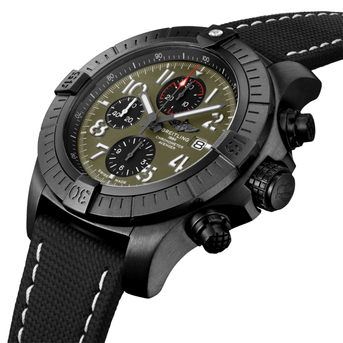 Bold, extremely robust and shock resistant, the Super Avenger Chronograph 48 Night Mission makes a big “here I am” statement with its strong but lightweight case. As a true Breitling Avenger, it can be used wearing gloves and offers unrivalled safety and reliability to any airborne adventurer. The Night Mission interpretation of the Super Avenger Chronograph 48 features a sturdy oversized 48mm DLC-coated titanium case, blue dial and a blue military leather strap that fits either a DLC-coated stainless-steel pin buckle or folding clasp. Its specific Arabic numerals recall the stenciled numbers used on the decks of aircraft carriers. Thanks to its rugged bezel and its special grip-pattern on the crown & chronograph pushers, the Super Avenger Chronograph 48 Night Mission can be easily operated wearing gloves. This edition is only available in the US and limited to 250 pieces.