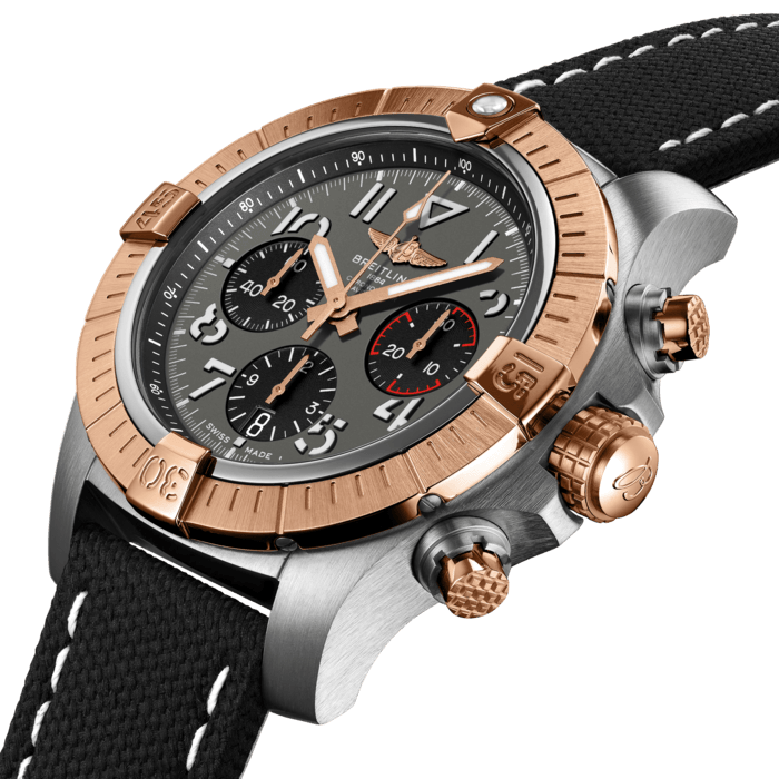 Bold, extremely robust and shock resistant, the Avenger B01 Chronograph 45 combines precision with a powerful design. As a true Breitling Avenger, it can be used wearing gloves and offers unrivalled safety and reliability to any airborne adventurer. The Avenger B01 Chronograph 45 features a sturdy 45mm stainless steel and 18k red gold case, an anthracite dial and a choice of a stainless steel and 18k red gold bracelet, or matching black military leather strap that fits either a stainless steel pin buckle or folding clasp. Thanks to its rugged bezel and its special grip-pattern on the crown and chronograph pushers, the Avenger B01 Chronograph 45 can be easily operated wearing gloves. This edition is limited to 250 pieces.