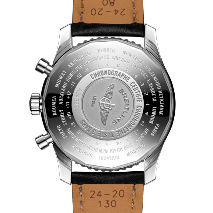 Ever ready for takeoff, the Navitimer World travel watch features an extremely practical and easily readable dual timezone system. A red-tipped additional central hand displays the time in another part of the globe on a 24-hour scale – thus indicating whether it is day or night in the relevant location. The selfwinding chronograph movement is protected by a large case available in steel. The caseback is engraved with the timezones of the world’s major cities.