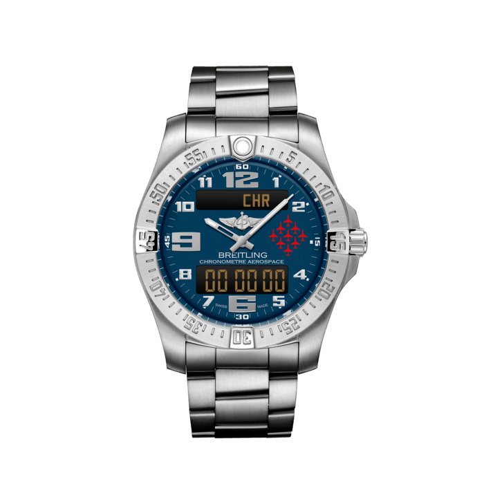 Aerospace Red Arrows, Titanium - Blue
In 1985, Breitling launched the Aerospace, an innovative, multifunction chronograph equipped with state-of-the-art Swiss technology.