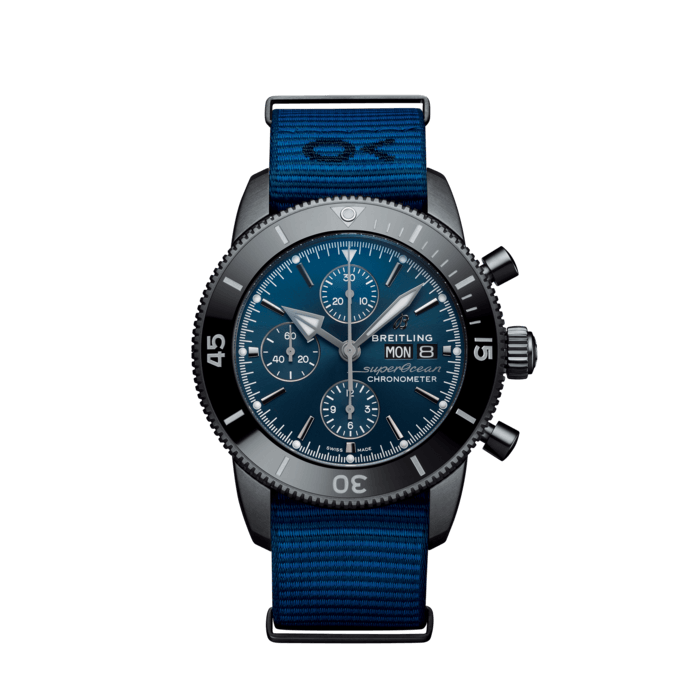 Superocean Heritage Chronograph 44 Outerknown, DLC-coated stainless steel - Blue
The Superocean Heritage Chronograph 44 Outerknown celebrates Breitling’s partnership with sustainable apparel manufacturer Outerknown, co-founded by surfing legend Kelly Slater.