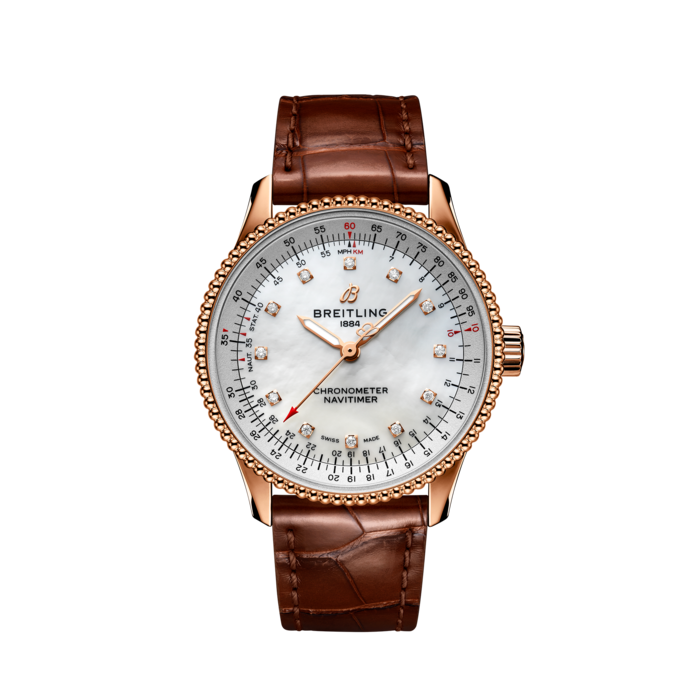 Navitimer Automatic 35, 18k red gold - Mother-of-pearl
Refined and elegant, the Navitimer Automatic 35 combines the historic appeal of a true icon with the sophistication of a contemporary timepiece.