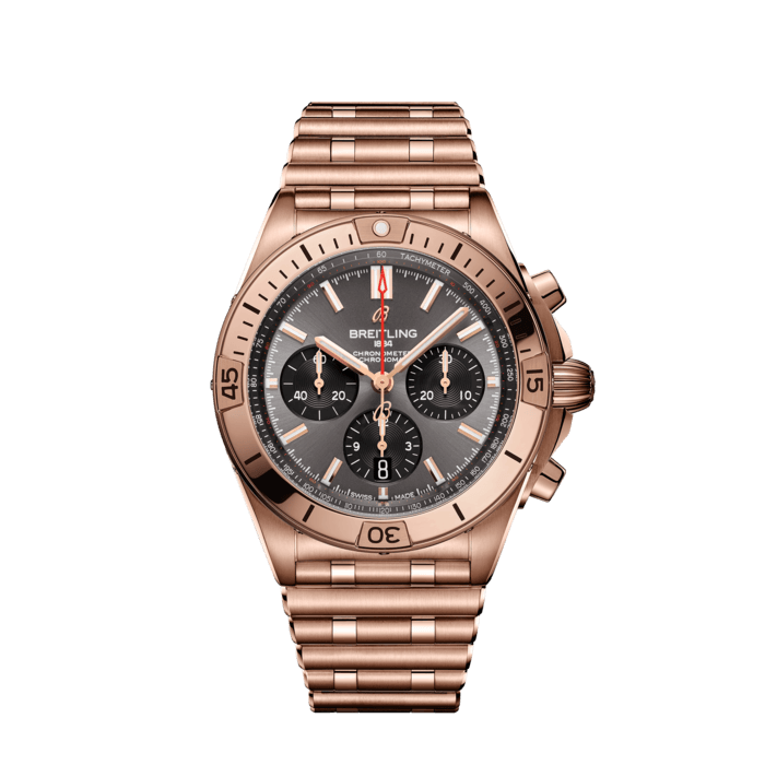 Chronomat B01 42, 18-karätiges Rotgold - Anthrazit
Breitlings Uhr für jede Situation und Aktivität.