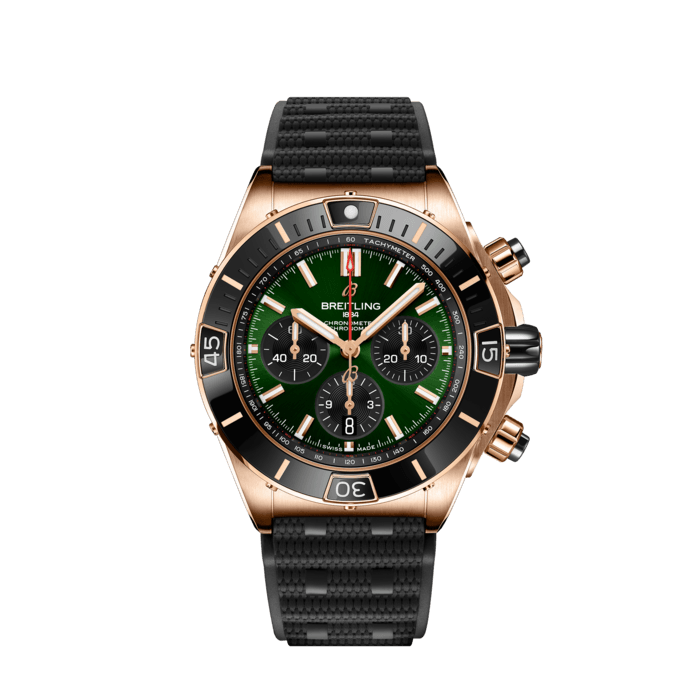 Super Chronomat B01 44, 18k red gold - Green
Breitling’s supercharged watch for your every pursuit.