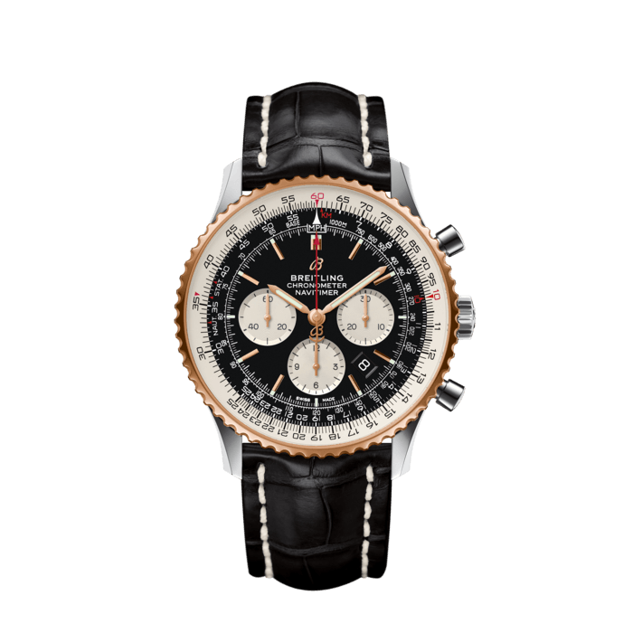 Navitimer B01 Chronograph 46, Stainless steel & 18k red gold - Black
The classic Navitimer features a generous 46 mm diameter accentuating its presence on the wrist and enhancing the originality of its design, while optimizing the readability of the dial and the circular aviation slide rule.