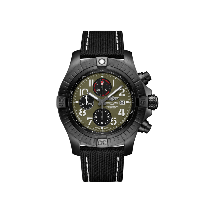 Super Avenger Chronograph 48, DLC-coated titanium - Green
Bold, extremely robust and shock resistant, the Super Avenger Chronograph 48 Night Mission makes a big “here I am” statement with its strong but lightweight case. As a true Breitling Avenger, it can be used wearing gloves and offers unrivalled safety and reliability to any airborne adventurer.