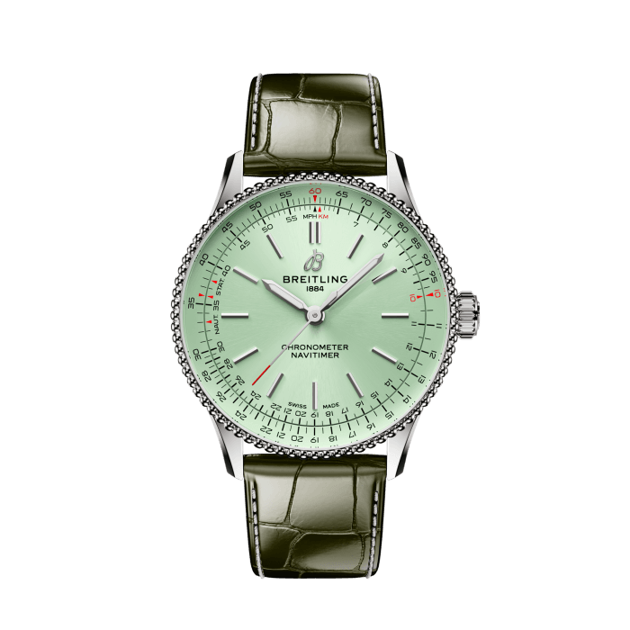 Navitimer Automatic 36, Acier inoxydable - Vert menthe
L’icône de Breitling – place au voyage.