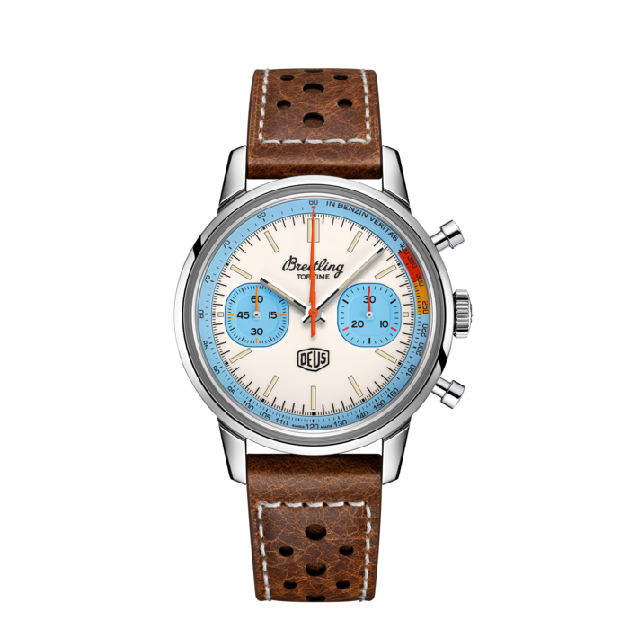Top Time Deus, Stainless steel - White
Co-designed with Australian lifestyle brand Deus Ex Machina, the custom motorcycle and surf outfitter, the Top Time Deus is a nod to Breitling’s original 1960s watch and a true tribute to the nomad spirit.