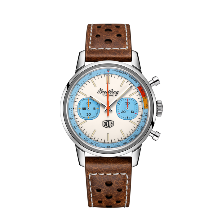 Top Time Deus, Acciaio inossidabile - Bianco
Coprogettato con Deus Ex Machina, il marchio di lifestyle australiano di abbigliamento per moto custom e surf, il Top Time Deus richiama l’orologio Breitling originale degli anni ʽ60 ed è un vero e proprio tributo allo spirito nomade.