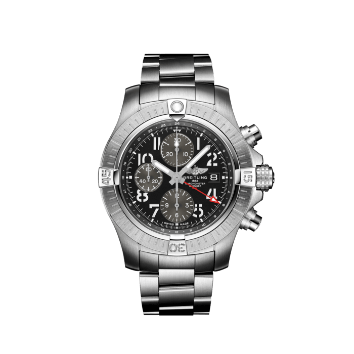 Avenger Chronograph GMT 45, Stainless steel - Black
Bold, extremely robust and shock resistant, the Avenger Chronograph 45 combines precision with a powerful design. As a true Breitling Avenger, it can be used wearing gloves and offers unrivalled safety and reliability to any airborne adventurer.