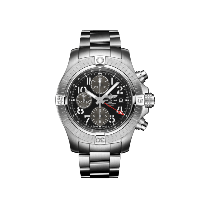 Avenger Chronograph GMT 45, Acier inoxydable - Noir
Imposante, extrêmement robuste et résistante aux chocs, l’Avenger Chronograph 45 combine la précision avec un design puissant. Cette véritable Breitling Avenger peut être utilisée avec des gants et offre une sécurité et une fiabilité inégalées pour tout aventurier des airs.