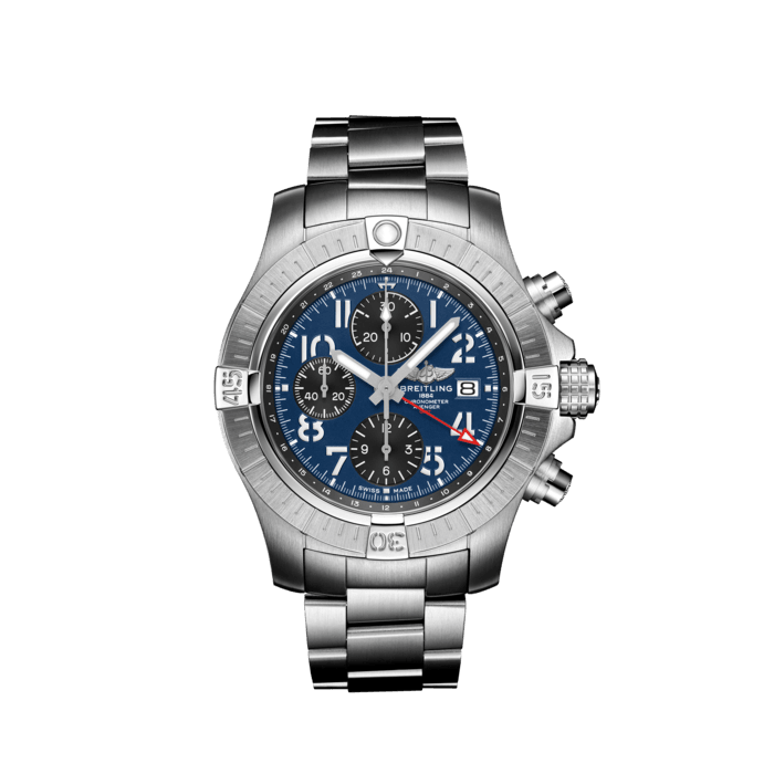 Avenger Chronograph GMT 45, Stainless steel - Blue
Bold, extremely robust and shock resistant, the Avenger Chronograph 45 combines precision with a powerful design. As a true Breitling Avenger, it can be used wearing gloves and offers unrivalled safety and reliability to any airborne adventurer.