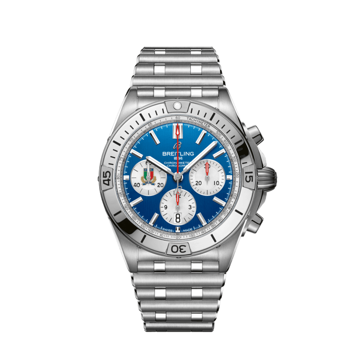 Chronomat B01 42 Six Nations Italy, Stainless steel - Blue
Breitling’s all-purpose watch for the fast and fearless world of rugby.