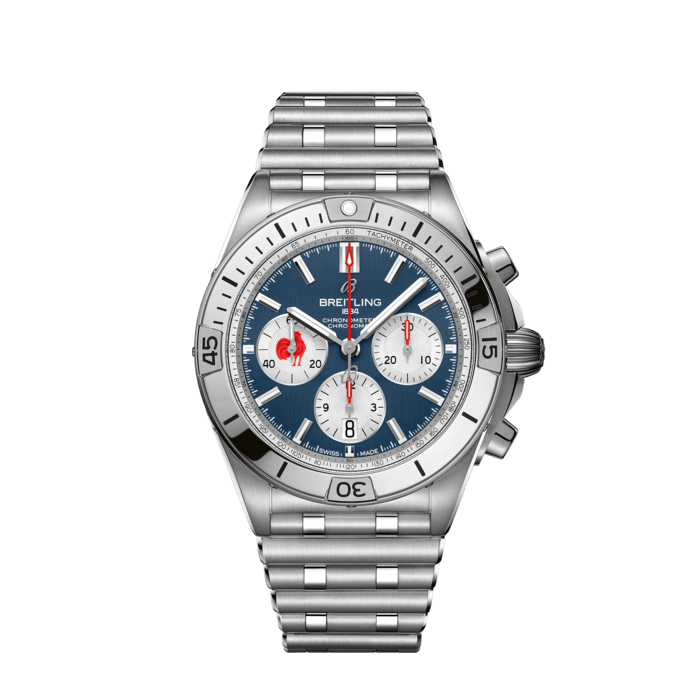 Chronomat B01 42 Six Nations France, Stainless steel - Blue
Breitling’s all-purpose watch for the fast and fearless world of rugby.