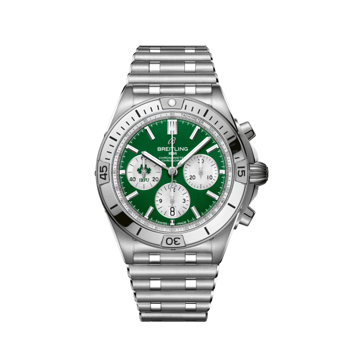 Chronomat B01 42 Six Nations Ireland, Stainless steel - Green
Breitling’s all-purpose watch for the fast and fearless world of rugby.