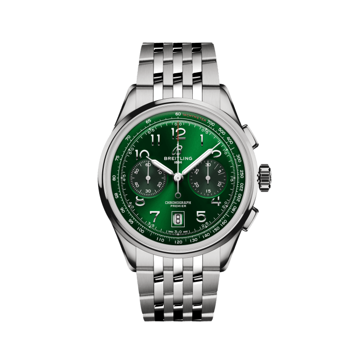 Premier B01 Chronograph 42, Stainless steel - Green
In the early 1940s, Willy Breitling was already dreaming of a time after the war, when utility would give way to unbridled optimism. He began designing a chronograph that would be functional, but also undeniably elegant and infinitely wearable—in his words, “the unmistakable stamp of impeccable taste.” He called this new line the Premier.