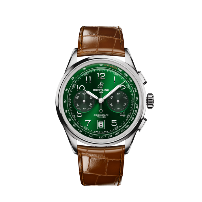 Premier B01 Chronograph 42, Stainless steel - Green
In the early 1940s, Willy Breitling was already dreaming of a time after the war, when utility would give way to unbridled optimism. He began designing a chronograph that would be functional, but also undeniably elegant and infinitely wearable—in his words, “the unmistakable stamp of impeccable taste.” He called this new line the Premier.