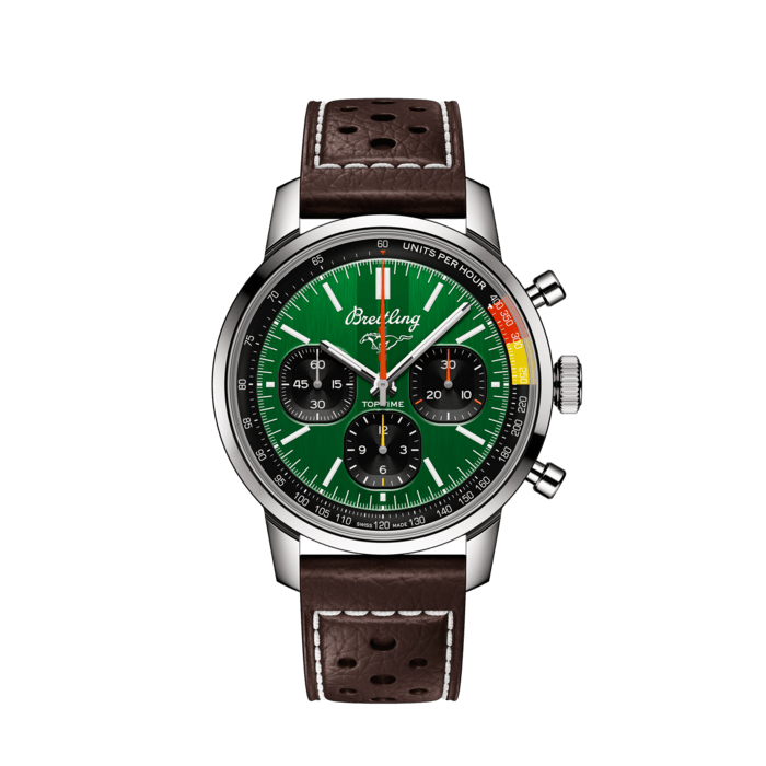 Top Time B01 Ford Mustang, Stainless steel - Green
The 1960s was a decade of experimentation, fun, freedom and energy. Whether cruising on a motorcycle or revving up a sportscar, living life at full speed was the order of the day. Willy Breitling felt this change of pace and set out to design an unconventional chronograph that would capture the verve of era. He called it the Top Time.