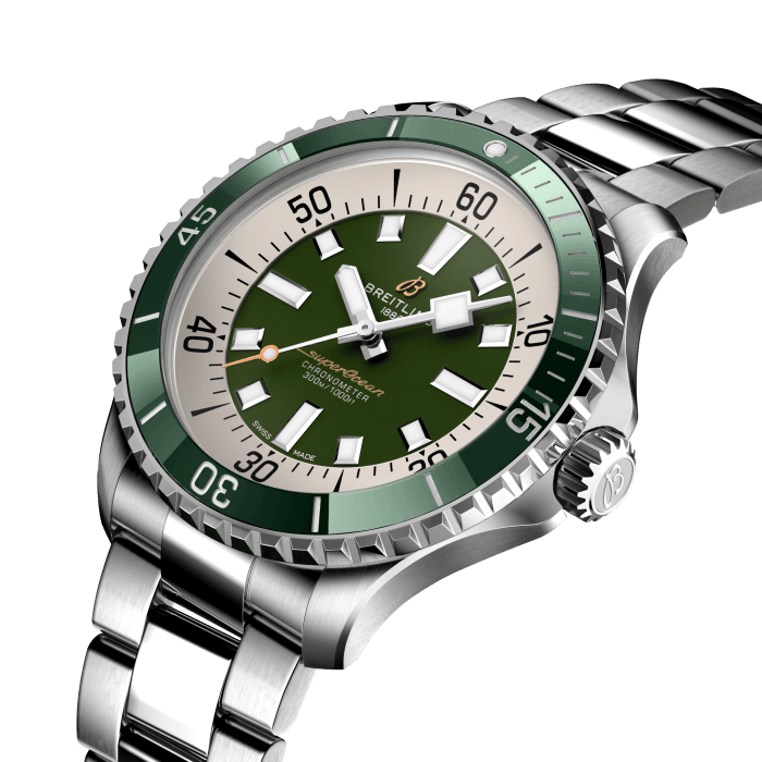 Performance and style for all your water-based pursuits.
In the 1960s, the new sport of scuba diving was all the rage. For divers, timing was everything, and Breitling set out to give them the most clear-cut dive watch possible by eliminating any feature that didn’t support their lifesaving needs underwater. This pared-down watch was named the Slow Motion. What remained were clean lines, chunky luminescent indexes, squared-off hands and a high-contrast dial ring, all aimed at maximum legibility. Practical, yes. But what people really fell in love with was the look.
The new Superocean retraces the Slow Motion's celebrated design codes, while adding modern features, like a ceramic-inlayed bezel and brightly colored dials. Broad hands and indexes in luminescent Super-LumiNova® allow for easy readability underwater. The watch is water resistant to 300 m (1000 ft), as well as being shock-, sand- and saltwater-resistant. The bronze version uses a special alloy that has excellent resistance to corrosion, yet will still develop a subtle patina over time that makes the watch even more unique. The two strap options (rubber and metal bracelet) have a folding clasp that allows for micro-adjustments of up to 15 mm for easy wear over rashies and wetsuits. Its scratch-proof ceramic inlayed bezel will never wear or fade. For safety, the bezel is uni-directional on most sizes and bi-directional with a patented lock on the 46 mm.
Best of all, this is no longer strictly a dive watch—surf with it, swim with it, hit the beach bar with it, then wear it out to dinner. The Superocean perfectly balances the nostalgia of its heritage with a fresh new look.