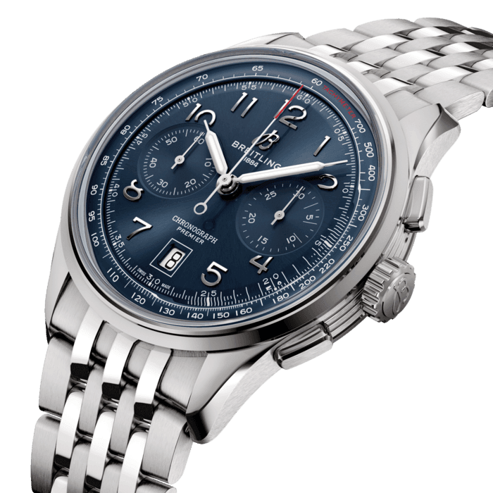 In the early 1940s, Willy Breitling was already dreaming of a time after the war, when utility would give way to unbridled optimism. He began designing a chronograph that would be functional but also undeniably elegant and infinitely wearable—in his words, “the unmistakable stamp of impeccable taste.” He called this new line the Premier.
To create its modern Premier, Breitling preserved distinctive vintage-Premier details, including the smooth fixed bezel, twin-register dial, streamlined rectangular pushers and applied Arabic numerals. The Premier B01 Chronograph 42 is available in an array of dial colors and case materials. It comes on a choice of classic alligator leather strap or sleek 7-row metal bracelet. Today’s Premier also lives up to Willy Breitling’s uncompromising technical standards with its exceptional self-winding movement—the COSC-certified Breitling Manufacture Caliber 01—designed for maximum precision, reliability and functionality.