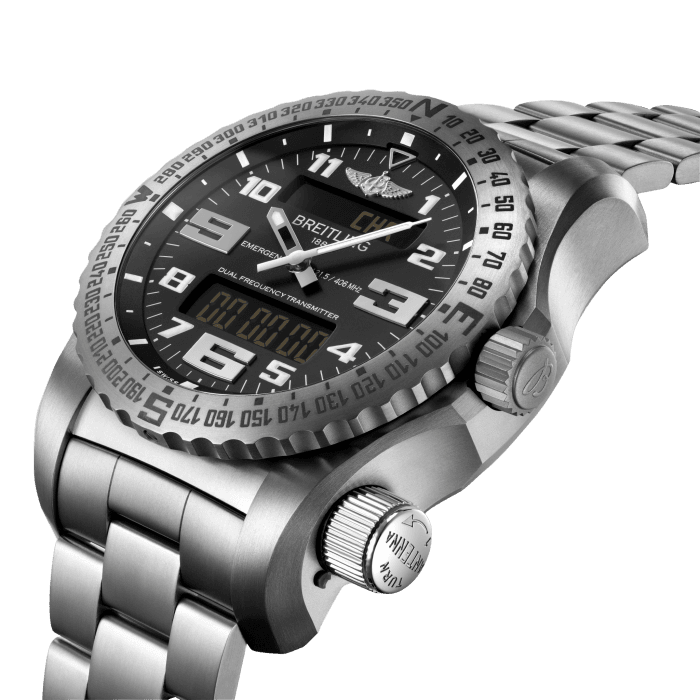 The Emergency is the world’s first wristwatch equipped with an authentic dual-frequency distress beacon. It’s the indispensable safety and survival instrument for adventurers on any given mission.
Breitling has made a name for itself at the forefront of innovation by creating the Emergency. A marvel of miniaturization and technical sophistication, the Emergency is the first wristwatch to be equipped with an authentic dual-frequency distress beacon. Once activated, the distress beacon will emit an alert signal that will guide rescue operations. Available both in titanium and DLC-coated titanium, the Emergency features a black dial paired either with a matching titanium bracelet, or a rubber strap fitting a folding buckle. Powered by the Breitling Caliber 76, a COSC-certified SuperQuartz™ chronograph, the Emergency features a rechargeable battery, a miniaturized transmitter, and an original integrated antenna system.