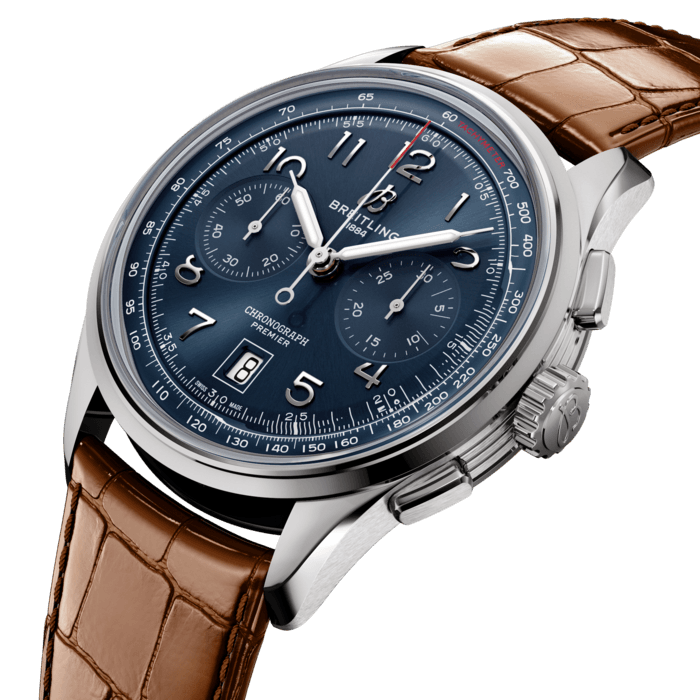 In the early 1940s, Willy Breitling was already dreaming of a time after the war, when utility would give way to unbridled optimism. He began designing a chronograph that would be functional but also undeniably elegant and infinitely wearable—in his words, “the unmistakable stamp of impeccable taste.” He called this new line the Premier.
To create its modern Premier, Breitling preserved distinctive vintage-Premier details, including the smooth fixed bezel, twin-register dial, streamlined rectangular pushers and applied Arabic numerals. The Premier B01 Chronograph 42 is available in an array of dial colors and case materials. It comes on a choice of classic alligator leather strap or sleek 7-row metal bracelet. Today’s Premier also lives up to Willy Breitling’s uncompromising technical standards with its exceptional self-winding movement—the COSC-certified Breitling Manufacture Caliber 01—designed for maximum precision, reliability and functionality.