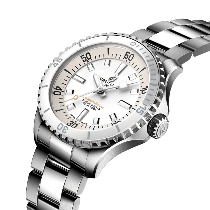 Performance and style for all your water-based pursuits.
In the 1960s, the new sport of scuba diving was all the rage. For divers, timing was everything, and Breitling set out to give them the most clear-cut dive watch possible by eliminating any feature that didn’t support their lifesaving needs underwater. This pared-down watch was named the Slow Motion. What remained were clean lines, chunky luminescent indexes, squared-off hands and a high-contrast dial ring, all aimed at maximum legibility. Practical, yes. But what people really fell in love with was the look.
The new Superocean retraces the Slow Motion's celebrated design codes, while adding modern features, like a ceramic-inlayed bezel and brightly colored dials. Broad hands and indexes in luminescent Super-LumiNova® allow for easy readability underwater. The watch is water resistant to 300 m (1000 ft), as well as being shock-, sand- and saltwater-resistant. The bronze version uses a special alloy that has excellent resistance to corrosion, yet will still develop a subtle patina over time that makes the watch even more unique. The two strap options (rubber and metal bracelet) have a folding clasp that allows for micro-adjustments of up to 15 mm for easy wear over rashies and wetsuits. Its scratch-proof ceramic inlayed bezel will never wear or fade. For safety, the bezel is uni-directional on most sizes and bi-directional with a patented lock on the 46 mm.
Best of all, this is no longer strictly a dive watch—surf with it, swim with it, hit the beach bar with it, then wear it out to dinner. The Superocean perfectly balances the nostalgia of its heritage with a fresh new look.