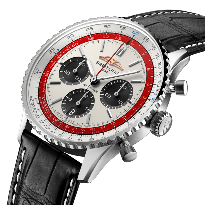 百年靈標誌性飛行員計時腕錶——禮讚「天空女王」（Queen of the Skies）。
1952年，威利·百年靈（Willy Breitling）開發了一款設有環形飛行滑尺的計時腕錶，可讓飛行員進行各項必要飛行計算。作為民航輝煌時期名副其實的飛行員腕錶，舉凡航空公司機長和飛機愛好者皆佩戴Navitimer航空計時腕錶。
1969年，波音747首航，而後持續革新民用航空，讓新一代航空旅客得以進行長途飛行，以前所未有的方式與世界連結。
就在波音公司交付其最新一架747飛機之際，百年靈以一款Navitimer航空計時腕錶「特別版」向兩大航空標誌致敬，限量發行747枚。
Navitimer航空計時腕錶「波音747特別版」的顏色，呼應原始飛機上的配色，完美體現在設有黑色小錶盤的奶油色錶盤，以及綴有藍色的紅色內圈飛行滑尺刻度中。透過鏤空式錶後底蓋，卓越的百年靈自製01型機芯盡收眼底。其上刻有「One of 747」（747枚之一）和「The Original Jumbo Jet」（原始巨無霸噴射機）字樣，向敞開天空並改變人類旅行方式的一架飛機，致以深切的敬意。