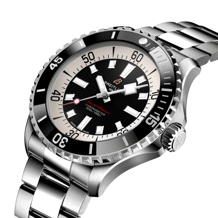 Performance and style for all your water-based pursuits.
In the 1960s, the new sport of scuba diving was all the rage. For divers, timing was everything, and Breitling set out to give them the most clear-cut dive watch possible by eliminating any feature that didn’t support their lifesaving needs underwater. This pared-down watch was named the Slow Motion. What remained were clean lines, chunky luminescent indexes, squared-off hands and a high-contrast dial ring, all aimed at maximum legibility. Practical, yes. But what people really fell in love with was the look.
The new Superocean retraces the Slow Motion's celebrated design codes, while adding modern features, like a ceramic-inlayed bezel and brightly colored dials. Broad hands and indexes in luminescent Super-LumiNova® allow for easy readability underwater. The watch is water resistant to 300 m (1000 ft), as well as being shock-, sand- and saltwater-resistant. The bronze version uses a special alloy that has excellent resistance to corrosion, yet will still develop a subtle patina over time that makes the watch even more unique. The two strap options (rubber and metal bracelet) have a folding clasp that allows for micro-adjustments of up to 15 mm for easy wear over rashies and wetsuits. Its scratch-proof ceramic inlayed bezel will never wear or fade. For safety, the bezel is uni-directional on most sizes and bi-directional with a patented lock on the 46 mm.
Best of all, this is no longer strictly a dive watch—surf with it, swim with it, hit the beach bar with it, then wear it out to dinner. The Superocean perfectly balances the nostalgia of its heritage with a fresh new look.