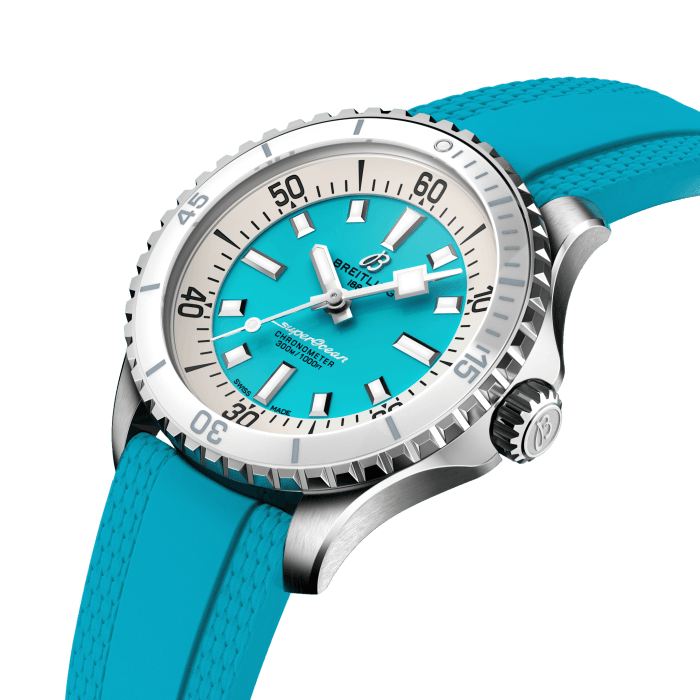 Performance and style for all your water-based pursuits.
In the 1960s, the new sport of scuba diving was all the rage. For divers, timing was everything, and Breitling set out to give them the most clear-cut dive watch possible by eliminating any feature that didn’t support their lifesaving needs underwater. This pared-down watch was named the Slow Motion. What remained were clean lines, chunky luminescent indexes, squared-off hands and a high-contrast dial ring, all aimed at maximum legibility. Practical, yes. But what people really fell in love with was the look.
The new Superocean retraces the Slow Motion's celebrated design codes, while adding modern features, like a ceramic-inlayed bezel and brightly colored dials. Broad hands and indexes in luminescent Super-LumiNova® allow for easy readability underwater. The watch is water resistant to 300 m (1000 ft), as well as being shock-, sand- and saltwater-resistant. The bronze version uses a special alloy that has excellent resistance to corrosion, yet will still develop a subtle patina over time that makes the watch even more unique. The two strap options (rubber and metal bracelet) have a folding clasp that allows for micro-adjustments of up to 15 mm for easy wear over rashies and wetsuits. Its scratch-proof ceramic inlayed bezel will never wear or fade. For safety, the bezel is uni-directional on most sizes and bi-directional with a patented lock on the 46 mm.
Best of all, this is no longer strictly a dive watch—surf with it, swim with it, hit the beach bar with it, then wear it out to dinner. The Superocean perfectly balances the nostalgia of its heritage with a fresh new look.