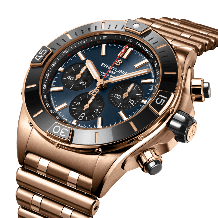 Breitling’s supercharged watch for your every pursuit.
The Super Chronomat is inspired by the original 1980s Chronomat that Breitling created for the hotshots of aerobatic squadrons. The boldest of all Chronomat watches, the Super Chronomat features several ceramic inserts – on the bezel, on the chronograph pushers and on the crown – as well as a Rouleaux-inspired rubber strap. Still, this all-purpose sports watch won’t get in the way of your sense of style.
The Super Chronomat comes in several colour and metal variations, from stainless steel to 18 k red gold. It either features the iconic Rouleaux bracelet or a rubber Rouleaux-inspired strap, matched with a folding clasp. The Super Chronomat B01 44 is powered by the Breitling Manufacture Calibre 01, a COSC-certified chronometer.