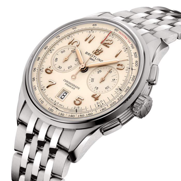 In the early 1940s, Willy Breitling was already dreaming of a time after the war, when utility would give way to unbridled optimism. He began designing a chronograph that would be functional but also undeniably elegant and infinitely wearable—in his words, “the unmistakable stamp of impeccable taste.” He called this new line the Premier.
To create its modern Premier, Breitling preserved distinctive vintage-Premier details, including the smooth fixed bezel, twin-register dial, streamlined rectangular pushers and applied Arabic numerals. The Premier B01 Chronograph 42 is available in an array of dial colors and case materials. It comes on a choice of classic alligator leather strap or sleek 7-row metal bracelet. Today’s Premier also lives up to Willy Breitling’s uncompromising technical standards with its exceptional self-winding movement—the COSC-certified Breitling Manufacture Caliber 01—designed for maximum precision, reliability and functionality.