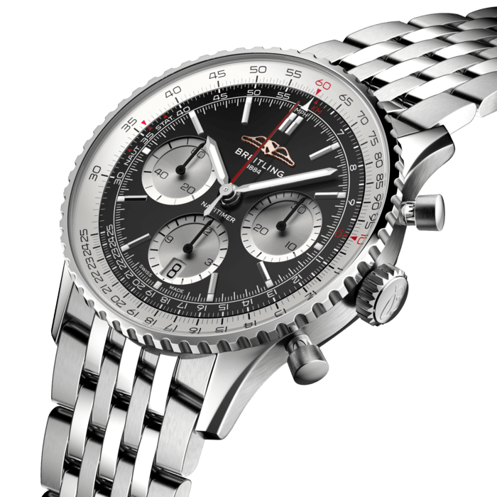 Breitling’s iconic pilot’s chronograph – for the journey.
In 1952, Willy Breitling developed a wrist-worn chronograph with a circular slide rule that would allow pilots to perform all necessary flight calculations. Two years later, the Aircraft Owners and Pilots Association (AOPA) announced the design as its official timepiece. The “navigation timer” – or Navitimer – was born.
The AOPA was (and remains) the largest pilots’ club in the world, counting nearly every US aviator among its ranks. As the defacto pilot’s watch throughout the glory days of civil aviation, the Navitimer was worn by airline captains and aircraft enthusiasts. It even made its way into space on the wrist of astronaut Scott Carpenter in 1962. And it wasn’t only pilots drawn to the watch’s irrepressible aesthetic. Celebrities of the day such as Miles Davis and Serge Gainsbourg were devotees, proving that the Navitimer had style as well as function.
There have been many iterations of Breitling’s icon since its debut 70 years ago, but this new Navitimer captures its most classic features, while enhancing them with modern refinements. A flattened slide rule and a domed crystal create the illusion of a sleeker profile. Alternating polished and brushed metal elements give a lustrous, yet understated finish. Most notably, new colors in shades of blue, green and copper, define the updated dial options. And if there is one update sure to spark nostalgia, it’s the return of the AOPA wings to their original position at 12 o’clock.
For 70 years, Breitling’s original pilot’s watch has been beloved by aviators and tastemakers in equal measure. Worn by astronauts in space and the biggest stars on earth, it is Breitling’s most iconic timepiece and one of the most recognizable watches of all time.