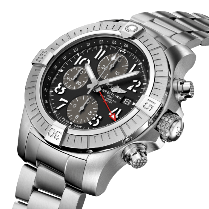 Bold, extremely robust and shock resistant, the Avenger Chronograph GMT 45 combines precision with a powerful design. As a true Breitling Avenger, it offers unrivalled safety and reliability to any airborne adventurer. The Avenger Chronograph GMT 45 features a sturdy 45mm stainless-steel case, black dial and a choice of a stainless-steel bracelet or matching military leather strap. Thanks to its rugged bezel and its special grip-pattern on the crown and chronograph pushers, the Avenger Chronograph GMT 45 can be easily operated wearing gloves.