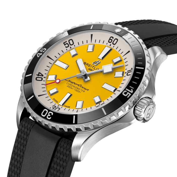 Performance and style for all your water-based pursuits—now in a special online exclusive with yellow dial.

In the 1960s, the new sport of scuba diving was all the rage. For divers, timing was everything, and Breitling set out to give them the most clear-cut dive watch possible by eliminating any feature that didn’t support their lifesaving needs underwater. This pared-down watch was named the Slow Motion. What remained were clean lines, chunky luminescent indexes, squared-off hands and a high-contrast dial ring, all aimed at maximum legibility. Practical, yes. But what people really fell in love with was the look.

The new Superocean retraces the Slow Motion's celebrated design codes, while adding modern features, like a ceramic-inlayed bezel and brightly colored dials. Broad hands and indexes in luminescent Super-LumiNova® allow for easy readability underwater. This special Breitling online exclusive features an eye-catching yellow dial. It’s water resistant to 300 m (1000 ft), as well as being shock-, sand- and saltwater-resistant. The two strap options (rubber and metal bracelet) have a folding clasp that allows for micro-adjustments of up to 15 mm for easy wear over rashies and wetsuits. Its scratch-proof ceramic inlayed bezel will never wear or fade. For safety, the bezel is uni-directional on most sizes and bi-directional with a patented lock on the 46 mm.

Best of all, this is no longer strictly a dive watch—surf with it, swim with it, hit the beach bar with it, then wear it out to dinner. The Superocean perfectly balances the nostalgia of its heritage with a fresh new look.