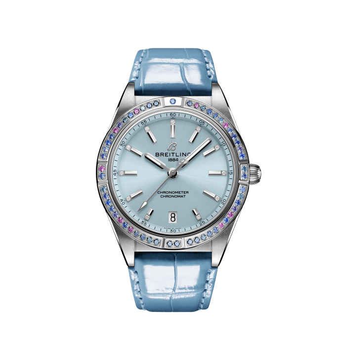 Chronomat Automatic 36 South Sea, Stainless steel & 18k white gold - Ice blue
Eye-catching and bejeweled, the Chronomat South Sea Capsule Collection evokes a tropical paradise of golden beaches, aquatic depths, vibrant flora, and lush greenery.