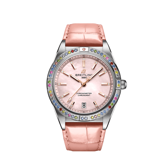 Chronomat Automatic 36 South Sea, Stainless steel & 18k white gold - Pink mother-of-pearl
Eye-catching and bejeweled, the Chronomat South Sea Capsule Collection evokes a tropical paradise of golden beaches, aquatic depths, vibrant flora, and lush greenery.