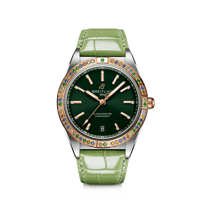 Chronomat Automatic 36 South Sea, Stainless steel & 18k red gold - Green
Eye-catching and bejeweled, the Chronomat South Sea Capsule Collection evokes a tropical paradise of golden beaches, aquatic depths, vibrant flora, and lush greenery.