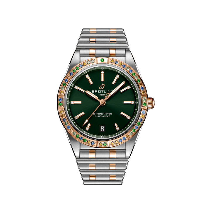 Chronomat Automatic 36 South Sea, Stainless steel & 18k red gold - Green
Eye-catching and bejeweled, the Chronomat South Sea Capsule Collection evokes a tropical paradise of golden beaches, aquatic depths, vibrant flora, and lush greenery.