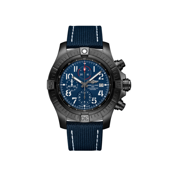 Super Avenger Chronograph 48 Night Mission, DLC-coated titanium - Blue
Bold, extremely robust and shock resistant, the Super Avenger Chronograph 48 Night Mission makes a big “here I am” statement with its strong but lightweight case. As a true Breitling Avenger, it can be used wearing gloves and offers unrivalled safety and reliability to any airborne adventurer.