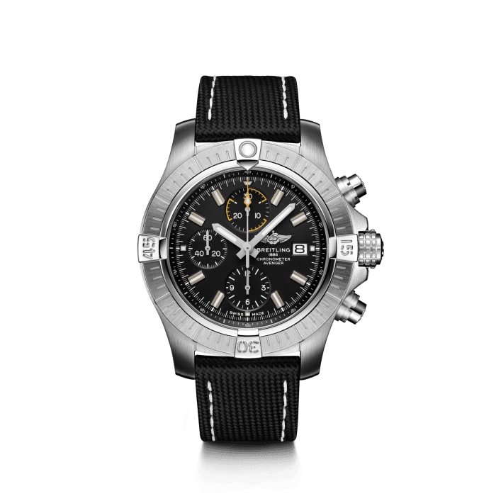 Avenger Chronograph 45, Stainless steel - Black
Bold, extremely robust and shock resistant, the Avenger Chronograph 45 combines precision with a powerful design. As a true Breitling Avenger, it can be used wearing gloves and offers unrivalled safety and reliability to any airborne adventurer.