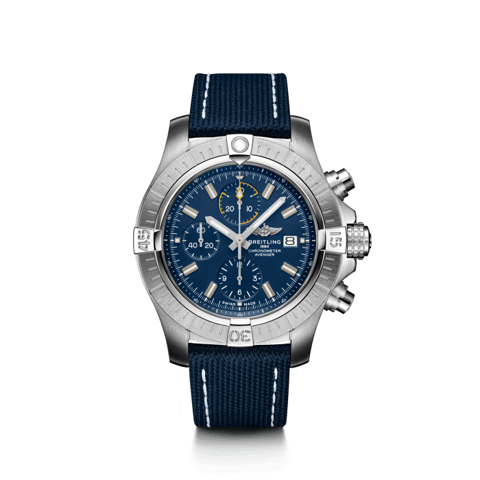 Avenger Chronograph 45, Stainless steel - Blue
Bold, extremely robust and shock resistant, the Avenger Chronograph 45 combines precision with a powerful design. As a true Breitling Avenger, it can be used wearing gloves and offers unrivalled safety and reliability to any airborne adventurer.