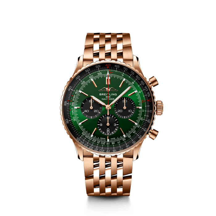 Navitimer B01 Chronograph 46, Oro rosso 18 carati - Verde
Iconico cronografo da pilota di Breitling: eccellente compagno di viaggio.
