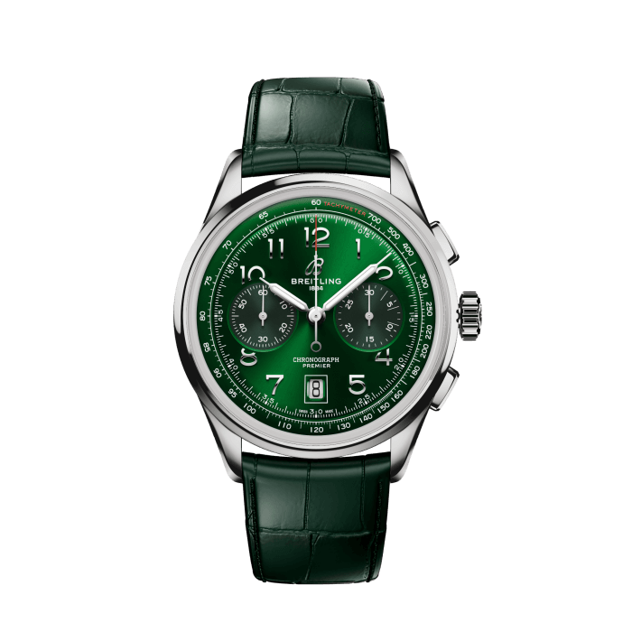 Premier B01 Chronograph 42, Stainless steel - Green
In the early 1940s, Willy Breitling was already dreaming of a time after the war, when utility would give way to unbridled optimism. He began designing a chronograph that would be functional, but also undeniably elegant and infinitely wearable—in his words, “the unmistakable stamp of impeccable taste.” He called this new line the Premier.