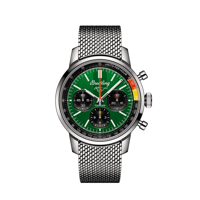 Top Time B01 Ford Mustang, Stainless steel - Green
The 1960s was a decade of experimentation, fun, freedom and energy. Whether cruising on a motorcycle or revving up a sportscar, living life at full speed was the order of the day. Willy Breitling felt this change of pace and set out to design an unconventional chronograph that would capture the verve of era. He called it the Top Time.